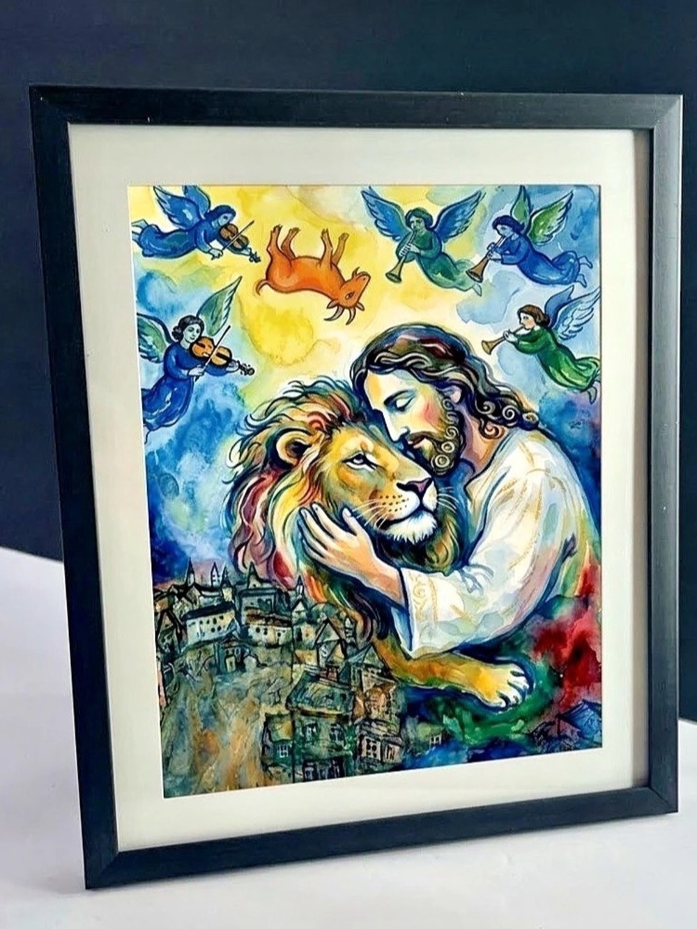 Framed Marc Chagall-Style Print: Jesus Embracing the Lion with Angels